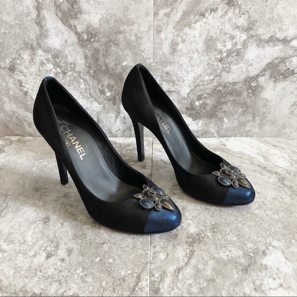 CHANEL Shoes - Chanel Black and Blue Cap Toe Jeweled Logo Pumps